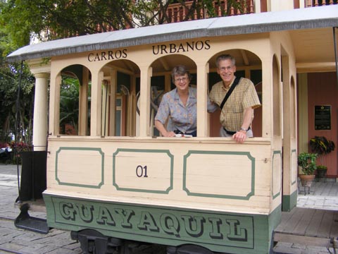 Gail and Al in an old street car at the Parque Histórico Guayaquil