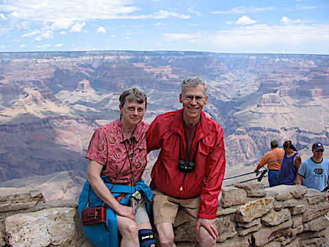 Gail and me at a lookout at Mather Point. A formation called Choeps Pyramid is to our left.