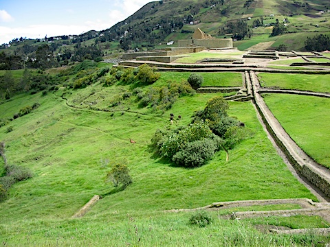 Incan ruins and surrounding fields and mountains