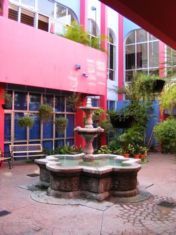 The courtyard in the center of the Centro                   Cultural, with a fountain in the center and                  some plants around the edge. The walls are                   painted the same red and blue as the exterior.