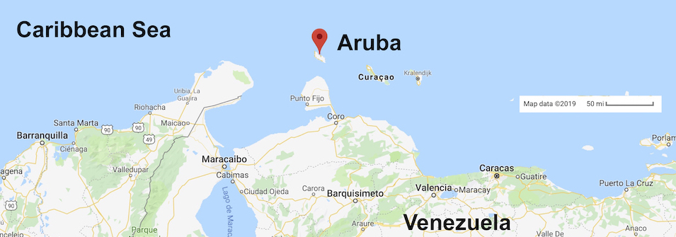 Google map, edited a little, showing Aruba's location near Venezuela'