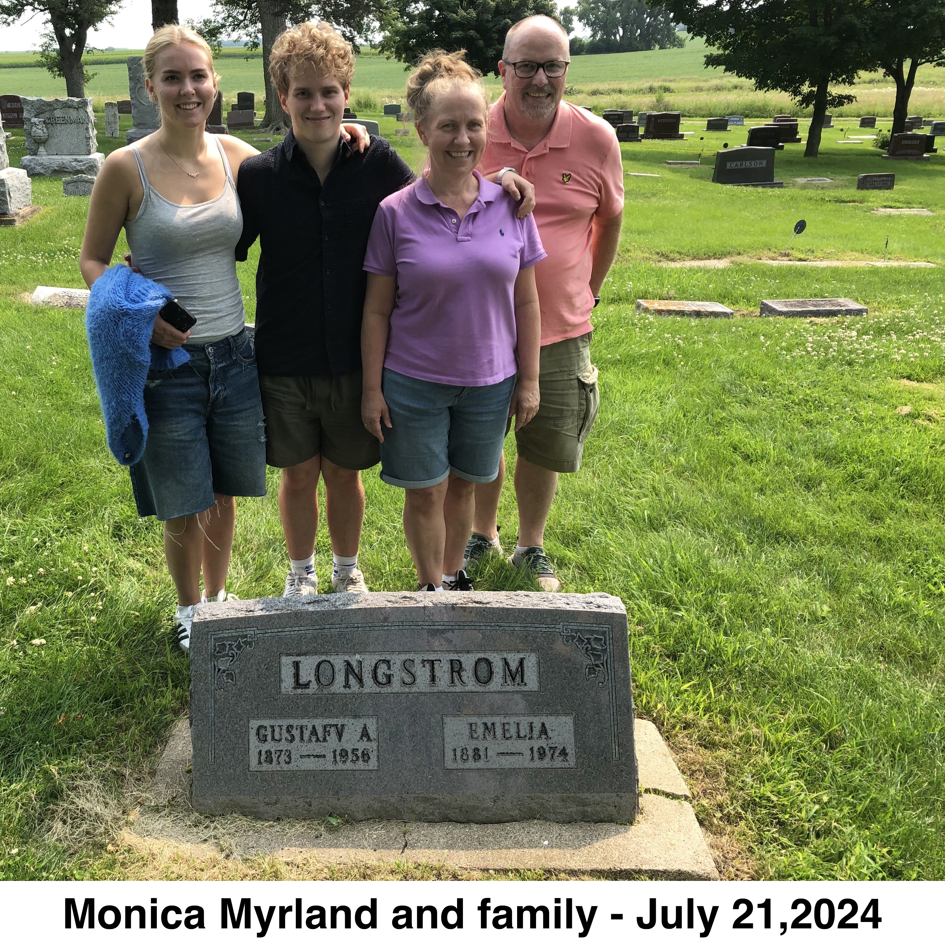 They are standing side-by-side, behind the Longstrom stone.
          More monuments are behind them, as well as scattered trees
          and open fields.