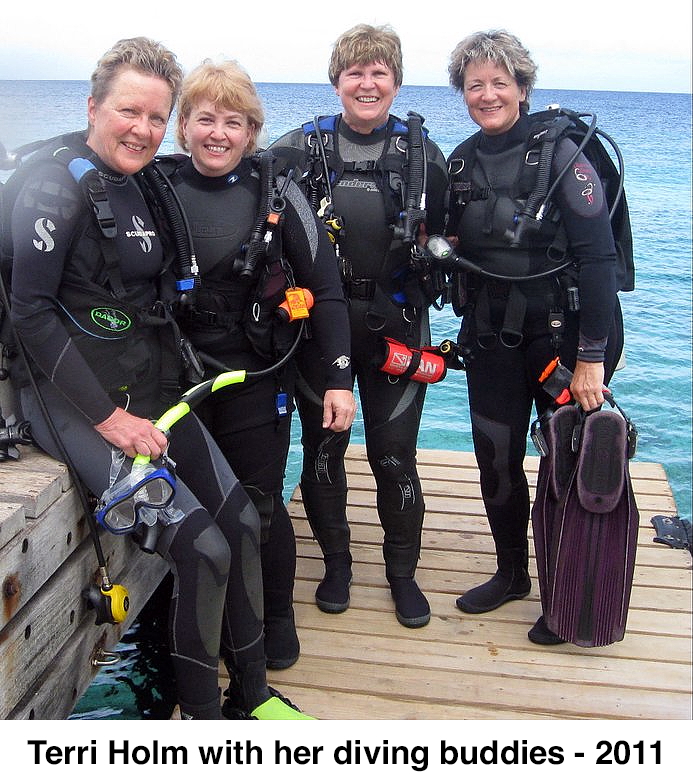 The women are in their wetsuits and are standing on a dock with the sea behind them