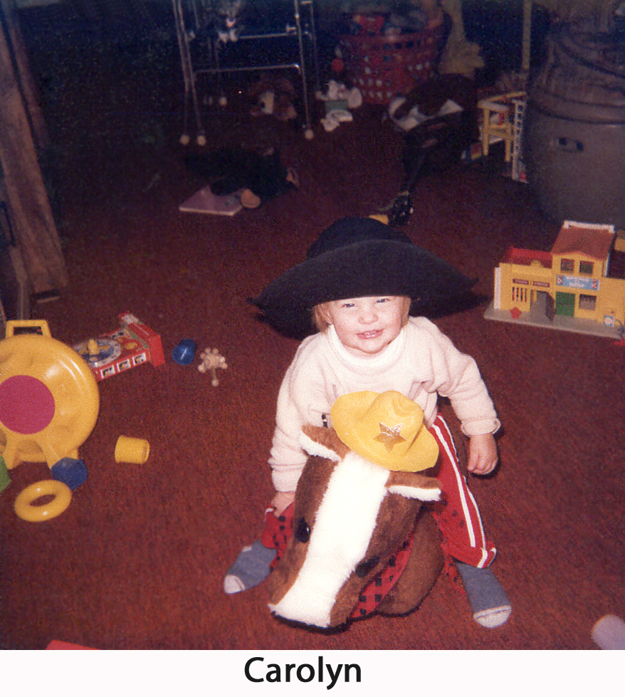 Baby Carolyn as a cowgirl on a stuffed toy horse at Christmas 1982