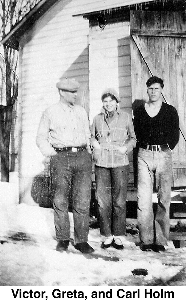 Victor, Greta, and Carl in the snow in front of house