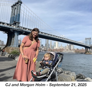 Morgan is in his stroller by the East River with the Manhattan Bridge in the 
              background. CJ is holding his cup and a banana peel.