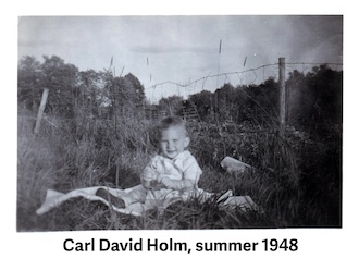 Infant Carl is sitting on a blanket in tall grass in front of a wire fence.