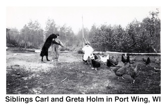 Carl and his little sister Greta are standing with a black
           dog and a flock of chickens