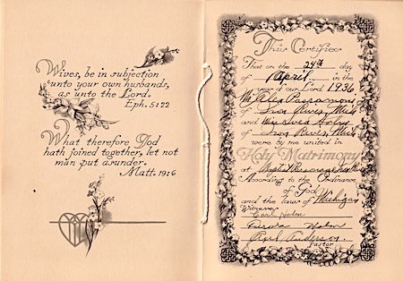 Document of marriage by Baptist pastor