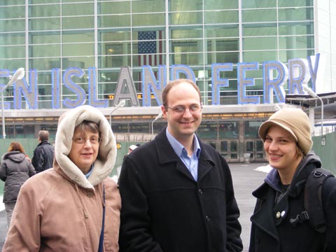 Gail, Doug and CJ in front of the terminal building for the Staten Island Ferry.
