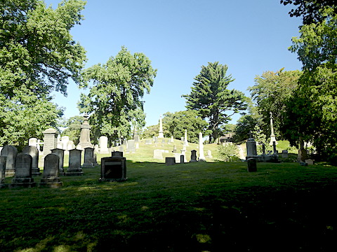 This photo shows a green hillside with tall grave markers