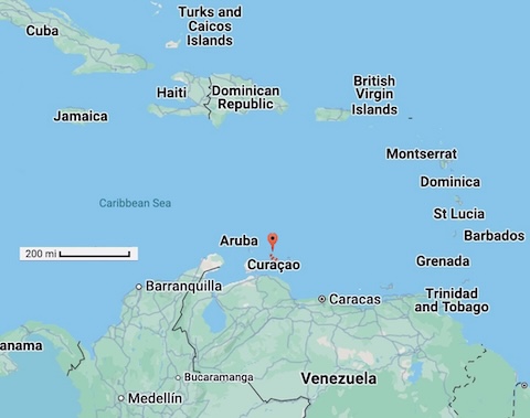 Map of Curacao in Caribbean from Google