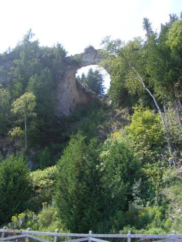 A view of Arch Rock from Lake Shore Boulevard
               where we were cycling. A patch of sky can be seen
               through the arch and trees grow up the side of 
               the cliff. A white fence is seen at the bottom
               of the photo.