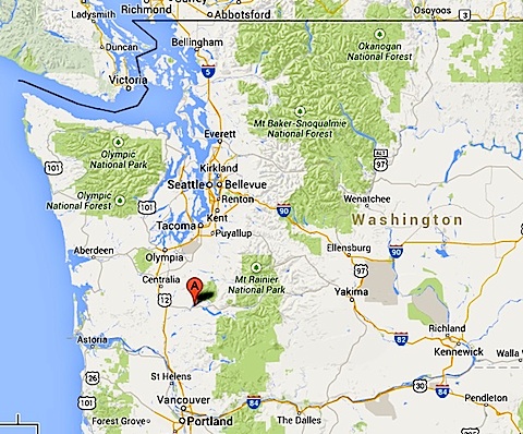 Google map of western Washington state showing location 
               of Ike Kinswa State Park