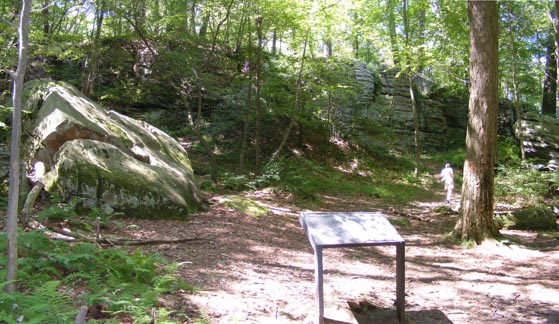 A cliff overlooks the area where
               the French forces camped. A large boulder
               is on the left side of the photo. There 
               are trees on top of the cliff and in
               the campsite.