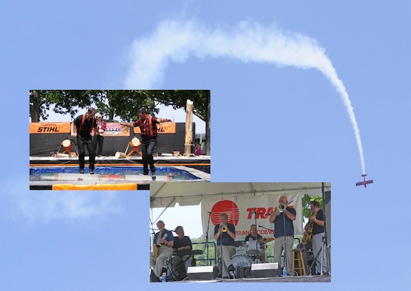 Superimposed on a photo of an airplane performing
               aerial tricks is a photo of two men giving a demonstration
               of burling and another photo of a jazz band with keyboard,
               sax, trumpet, trombone, drums and bass